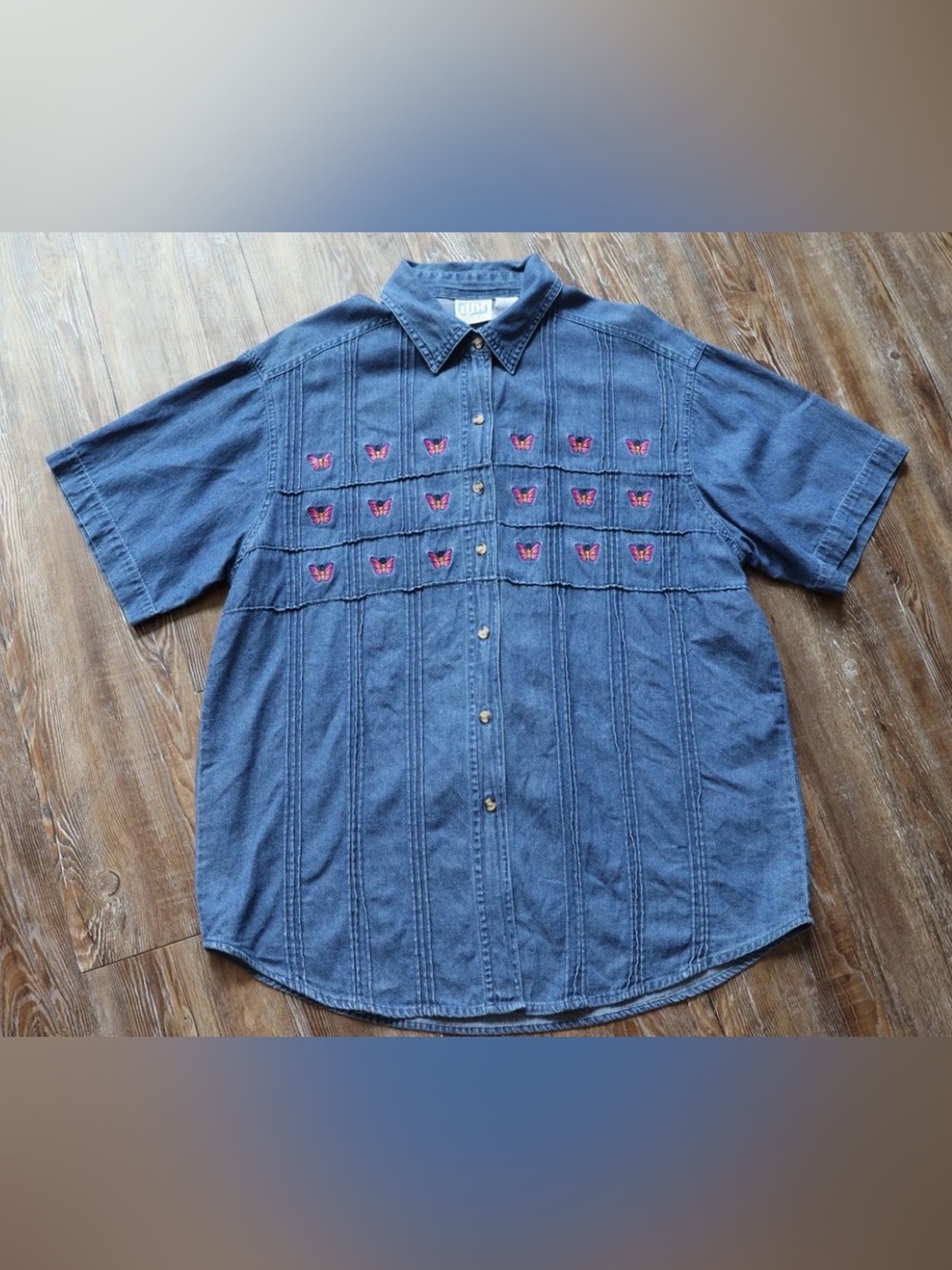 Vintage Butterfly Embroidered Denim Shirt Fairy Whimsy Cottagecore Womens Large